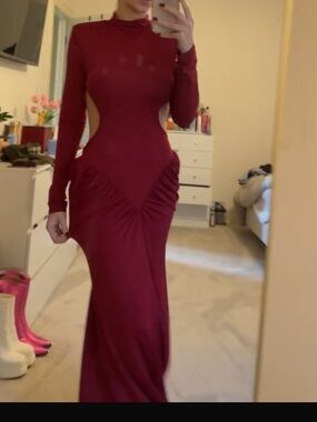 Long Sleeve Burgundy Cutout Ruched Maxi Dress
